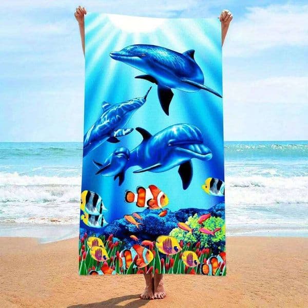 Towel Dolphin Fish Pattern Sun Protection and Windproof Suitable for Pool Camping Travel Beach Blanket 26Y0519