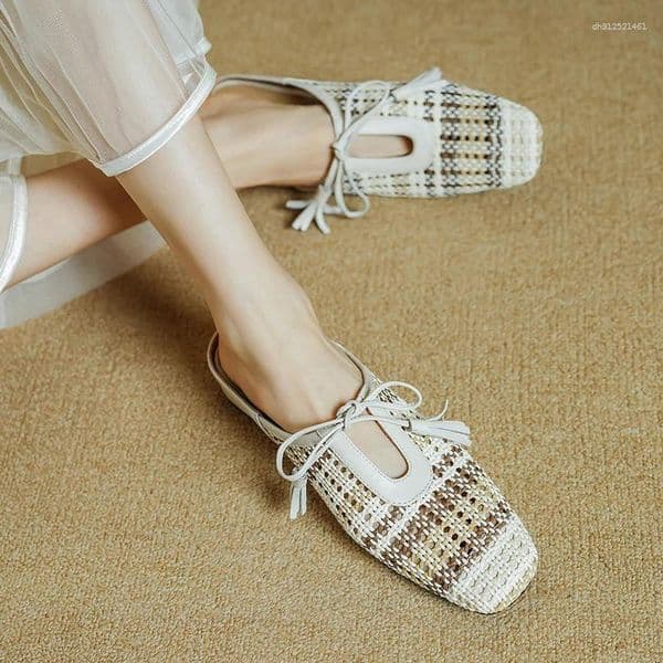 Slippers 2026 Outside Summer Women Mules Concise Cover Toe Round Low Heel Weave Modern Sandals