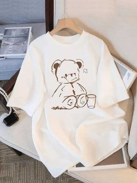 Cute Teddy Bear Print Crew Neck Tops Womens Fit Short Sleeve Cartoon Fashion Coffee Cup Kawaii Women Clothing M260519