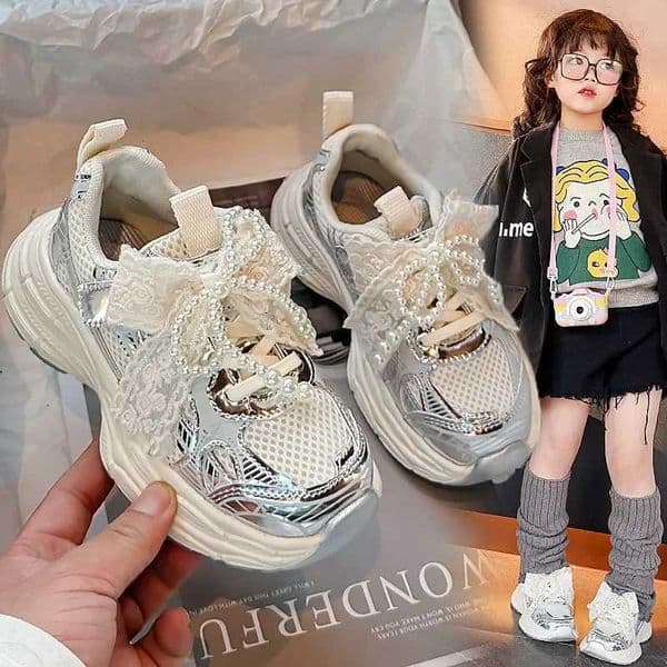 Girls Sports Shoes with Sweet Mesh Bow Kids Running Shoes Breathable 2026 New Fashion Children Sneakers Princess Style CuteR260519