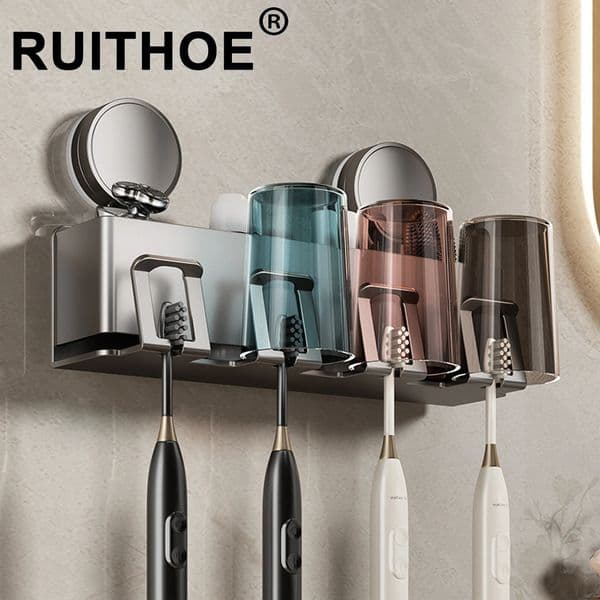 Suction Cup Toothbrush Holder With Squeezer Perforation-free Bathroom Shelf Mouthwash Cup Toothbrush Holder 260518