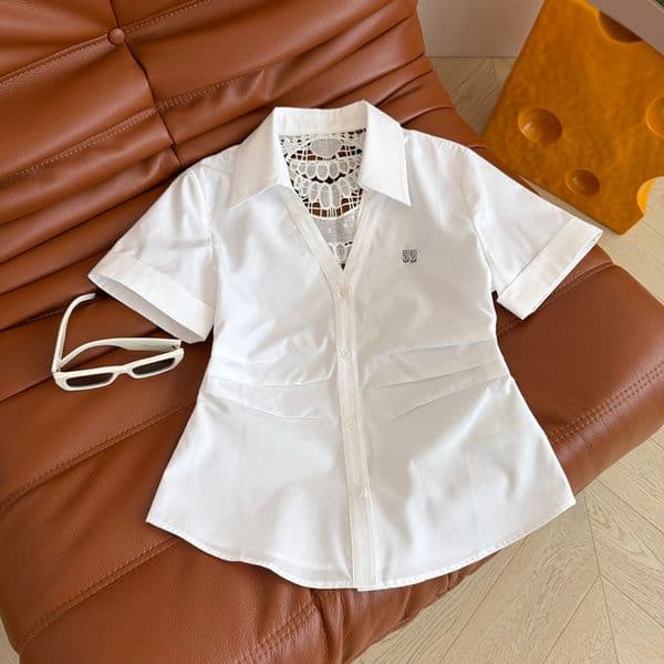 Women V Neck White Blouse Designer Back Hollow Embroidered Shirt Tops Street Style Sexy Slim Fit Shirts