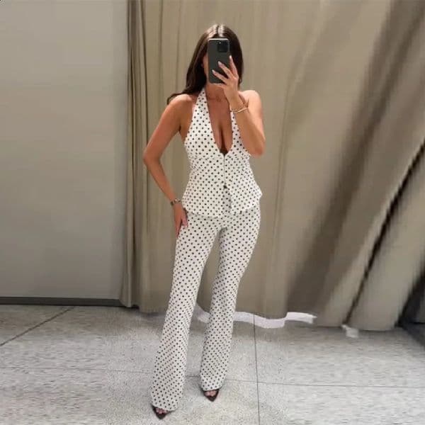 Retro Modern Polka Dot Set Halter Deep V Neck Vest Top Flared Pants Women Party Timeless Chic Female Classic Stylish Outfits 260519