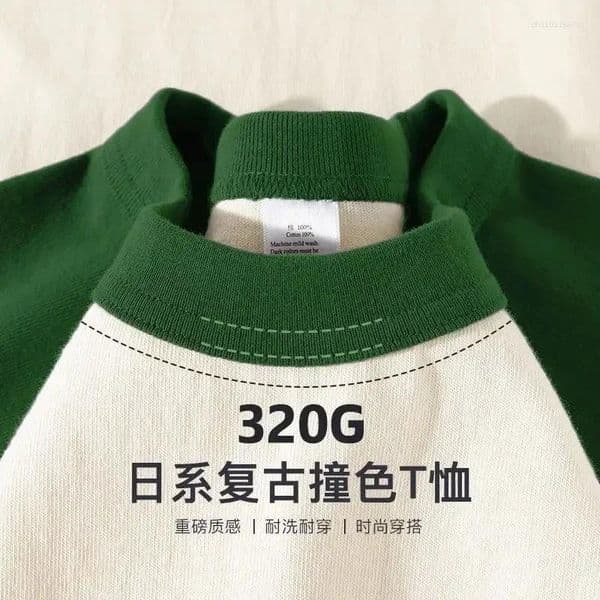 Men's T Shirts 320G Retro Short Sleeve T-shirt High Quality Cotton Contrast Round Neck Women MenHalf Tee
