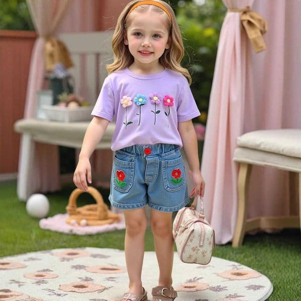 Girls Casual Outfit Korean Childrens Clothing Summer Fashionable Floral Korean Style T-shirt and Denim Shorts Two-piece SetL2605197UJY