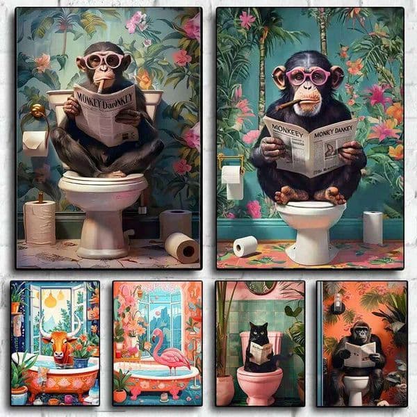 Funny Reading Newspaper OnToilet Canvas Print Black Cat Animal Bathroom Wall Art Poster for Modern Living Room Home Decor 26L0519