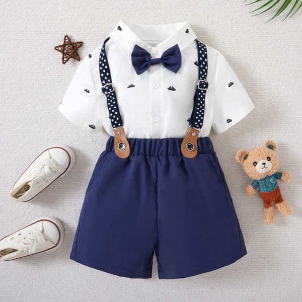 Boys summer outfit set stylish baby one-year-old formal wear childrens short-sleeved shirt toddler overalls two-piece set trendyL260519Z01E