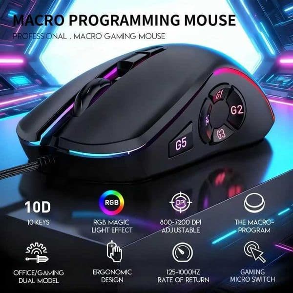 Wired Gaming Office Mouse 7200DPI RGB Backlit Mouse 6 Adjustable DPI Levels/10 Programmable Buttons/Back to Desktop Button Mouse Z260519