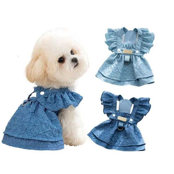 Denim Dog Dresses for Small Dogs Puppy Girl Clothes with Leash Ring Flying Sleeves Summer Cat Apparel Blue Chihuahua OutfitsR260518R260519