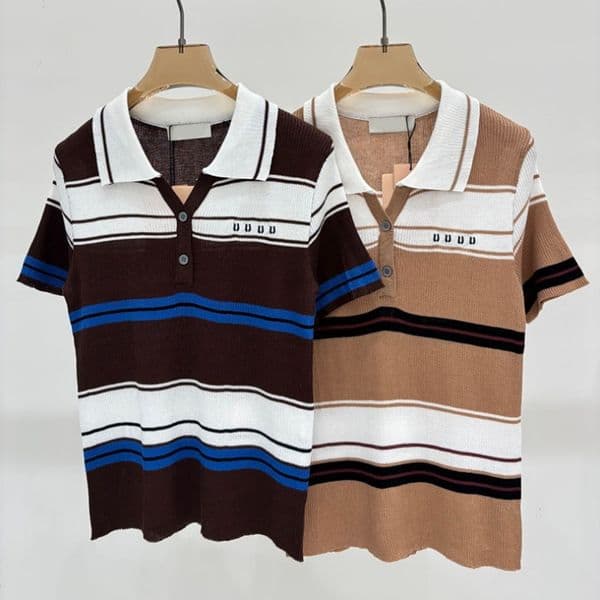Women Luxury Knitted Shirt Striped Sexy Knitted Lapel Pullover Normal Office Knitted Top