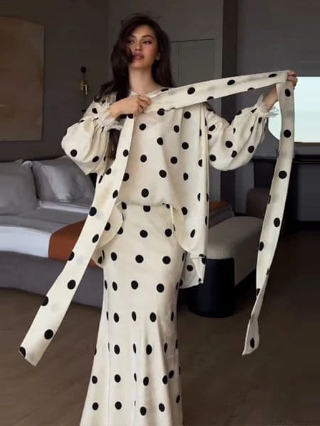Scarf Polka Dot Top Half Skirt Lady Set VNeck Bubble Sleeve Loose Tops High Waist Slim Long Skirts Elegant Chic Women Sets 260519