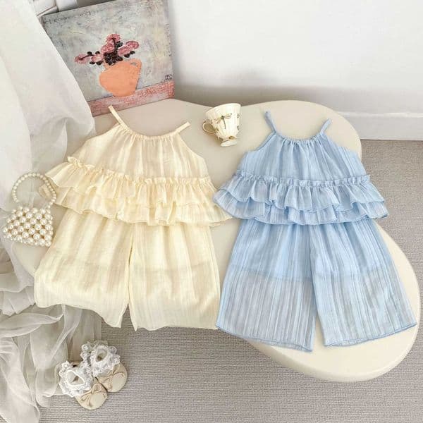 2026 Summer Baby Girl Outfit Simple and Stylish Little Girls Ruffled Strap Top and Wide-Leg Pants Two-Piece SetL260519DMA2