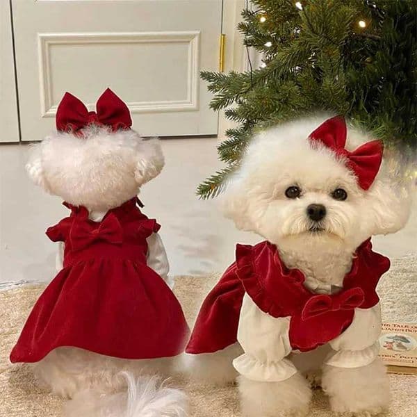 Christmas Dog Dress Pet Clothes Cat Red Pink Suit With White Shirt Warm New Year Clothing for Cats French Bulldog Party DressR260518R260519