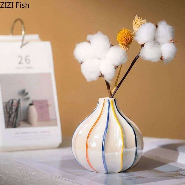 Colorful Rainbow Stripes Ceramic Vase Hydroponics Plant Pots Table Decoration Flower Arrangement Vases Room Aesthetic Decor 26W0519