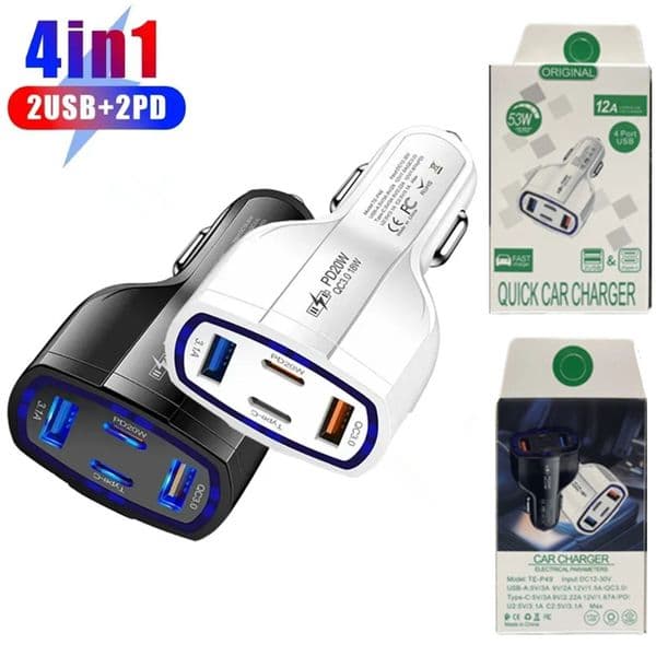 4 in 1 QC3.0 USB C 53W Car Charger Quick Charge 2USB 2PD Ports Cigarette Lighter Plug Travel Charger Power Adapter For iphone 17 16 Samsung Huawei Xiaomi Gaming Tablet