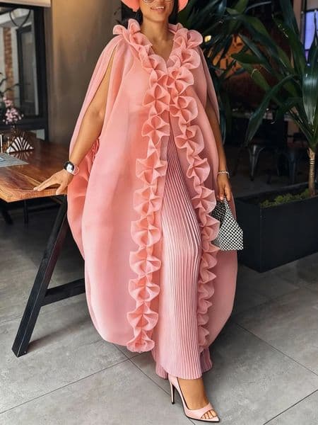 Womens 2Piece Pink Organza Set Ruffle Trim Cape Coat Pleated Wide Leg Pants Elegant Formal Outfit For Special Occasions 260519