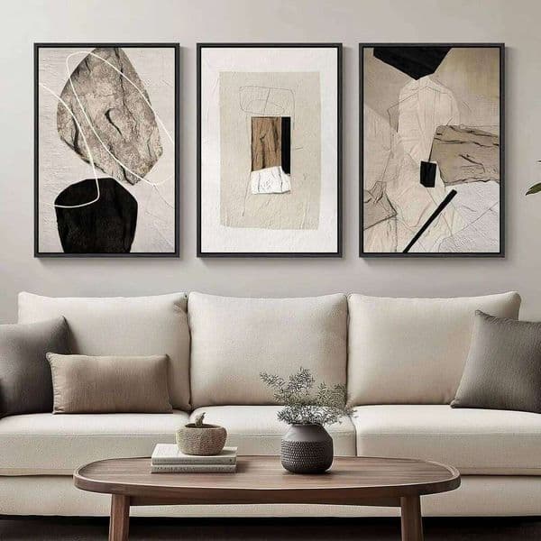 Set of 3 Modern Abstract Canvas Prints in Black and Beige, Neutral Wall Art for Living Room, Bedroom, Office Decor 16x24 Inch 26L0519