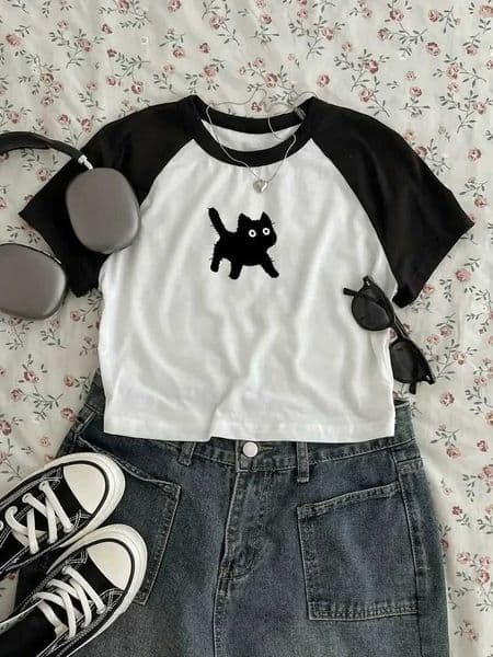 Cute Cat T Shirt Print Crop Top Sexy Cropped Short Sleeve Crew Neck T-shirt for Women Casual Spring Summer Clothing M260519