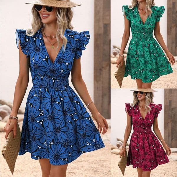 Women's European and American cross-border summer V-neck waist-cinching sexy floral ruffle sleeveless dress