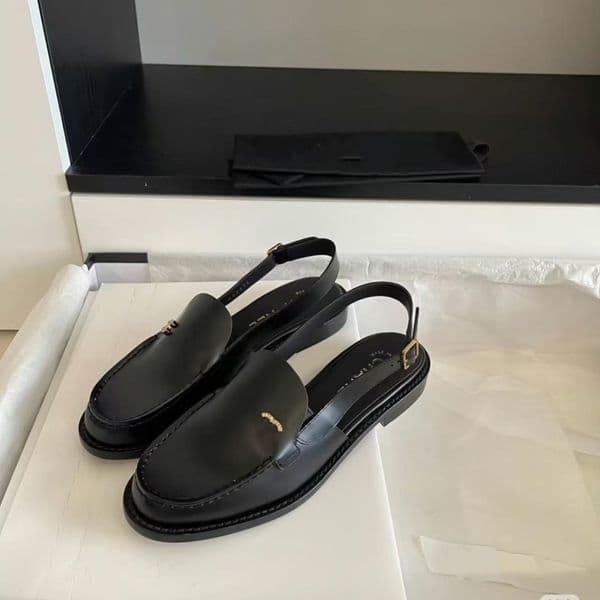 Designer sandals luxruy womenSlingback Loafers Women Black Leather Flat Mules Luxuryr Buckle Strap sandals