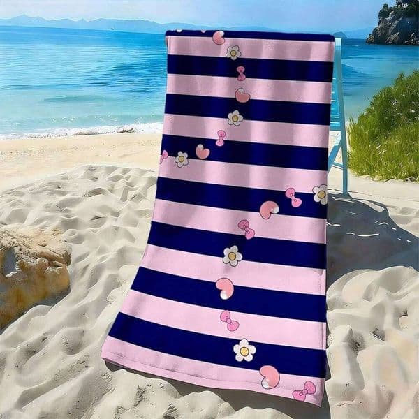 Pink and blue striped small flower pattern polyester microfiber towel is highly absorbent, suitable swimming beach outings 26Y0519