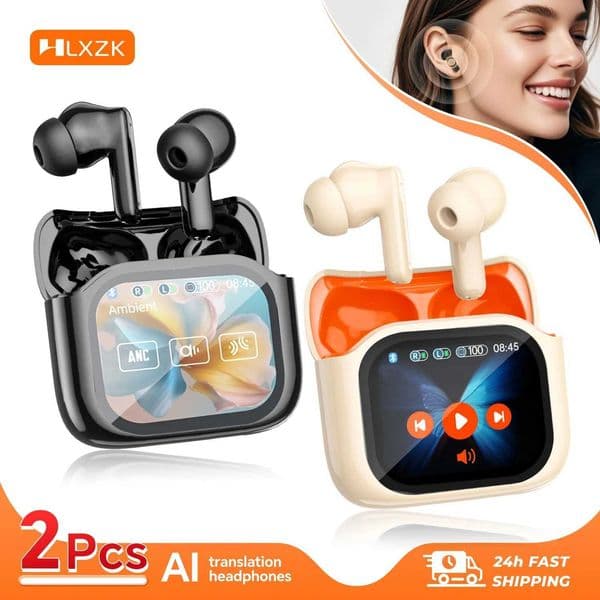 2PCS Touch Screen Translation Headphones 144 Languages Two-Way Real Time Translator Headsets Travel Business Bluetooth Earbuds Z260519