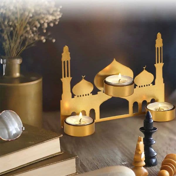 Eid Mubarak Metal Candle Holder Golden Moon Castle Ramadan Kareem Candlestick Aromatherapy Stand Muslim Islam Home Party Decors L260519