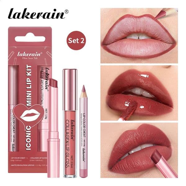 3pcs Lip Makeup Set Lip Liner Lip Gloss Lipstick Mirror Effect Beep Lips High Color Long-lasting Hydrates Travel Mini Set 260509