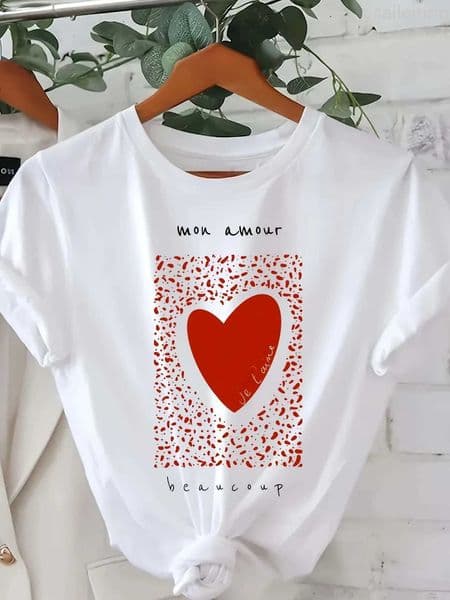 Womens Casual Short Sleeve T-Shirt with Red Dotted Heart Graphic Print Summer Short Sleeved Harajuku Streetwear Tops Tees M260519