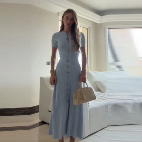 Chic Elegant Knit Midi Dress Short Sleeve Button Ribbed Bodycon Aline Long Women Spring Summer Casual Office Trendy Wear 260519