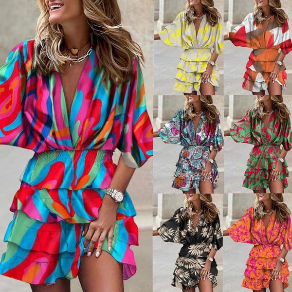 Cross-border independent site Amazon bestseller: Women's summer-autumn bat-sleeve V-neck dress with irregular hem