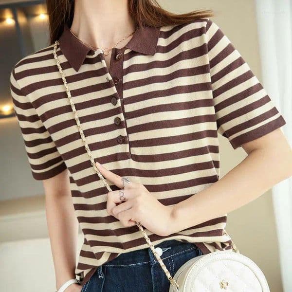 Women's Polos Summer Cotton Yarn Knit Top Polo Collar Striped Print Slim Fit Short Sleeve Pullover Elegant Casual Wear