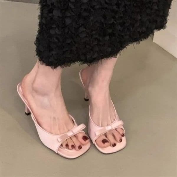 Slipper Mules Low High Heels Shoes Summer Females Square Head Open Toe bow Strappy Sandals Women 260518