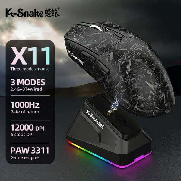K-Snake X11PM Wireless BT Gaming Mouse, 12000DPI, 1000HZ Polling Rate, PAW3311 Sensor, Magnetic Charging Base 26Y0519