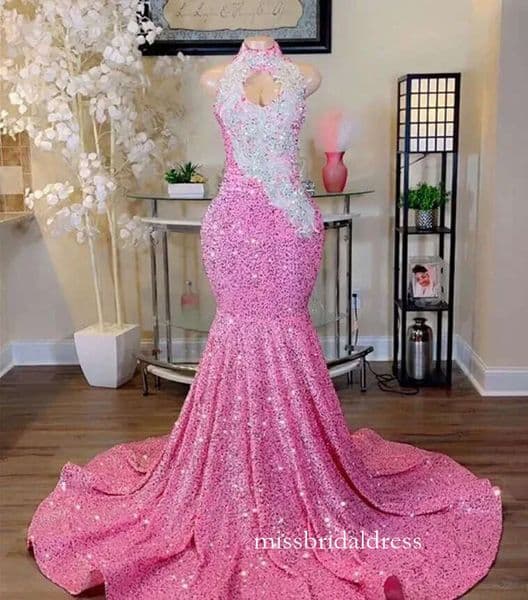 Pink Sequined Mermaid Prom Dresses For Black Girl Silver Applique Crystal Beaded Long Evening Dress Special Occasion Gowns 0219 Mb519