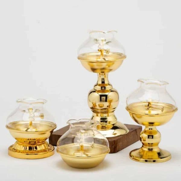 Golden Oil Lamp For Buddha With Glass Windproof CoverMetal Buddhist Lantern BurnerReligious Candlestick Item L260519