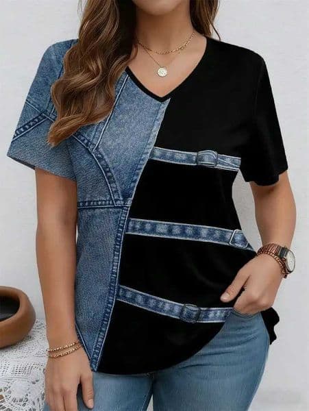 Summer casual fashion imitation denim print V-neck short sleeved commuting versatile T-shirt C260519