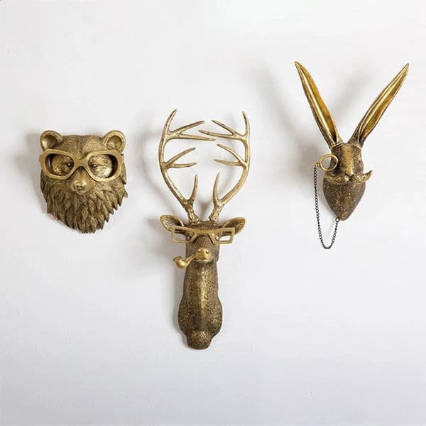 Luxury Designer Decor Vintage Gold Deer Statue Hanging Decoration Rabbit Wolf Head Animal gift set Sculpture Home Bar Office Interior Wall Art Decor Decoration 022