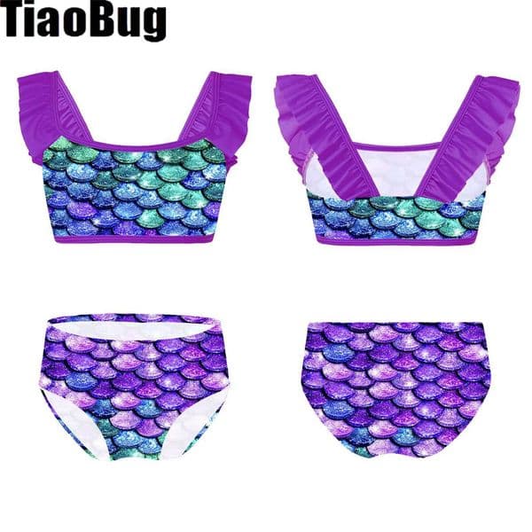 Kids Girls Two Pieces Printed Swimsuit Ruffled Shoulder Straps Tops with Briefs Set for Summer Holiday Beach Swimming Bathing L260520
