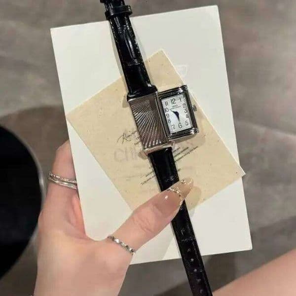 New retro square women's quartz with reversible case and leather strap silver unique niche watch 21*36mm W260520