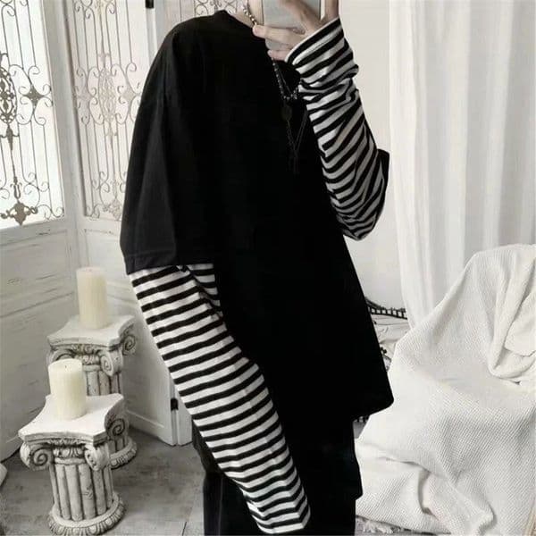 Cool Striped Patchwork T-Shirt Men Autumn Oversize Tops Boys Solid Long Sleeve T Shirt Fashion Japanese Gothic Japan T Shirt 260515