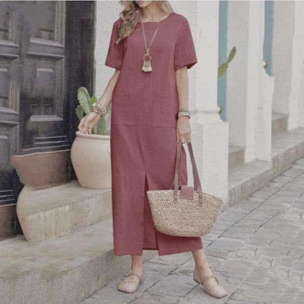 Cross-border summer Amazon bestseller: women's cotton-linen solid color loose-fitting round-neck short-sleeve irregular dress