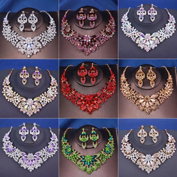 Advanced retro necklace earring set leaf Multicolored flowers luxurious crystal jewelry brides wedding dress accessories 260520