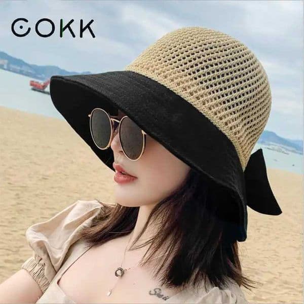 COKK Summer Hats For Women Knitted Breathable Foldable Sun Hat With Bow Sun Protection Sunshade Korean Beach Hat Cap Travel New M260520