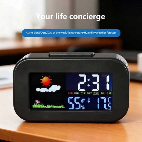 Weather Station Clock With Color Display - Temp Humidity Monitor Backlit for Kids Teens Perfect for Bedroom/Dorm Desk C2605201