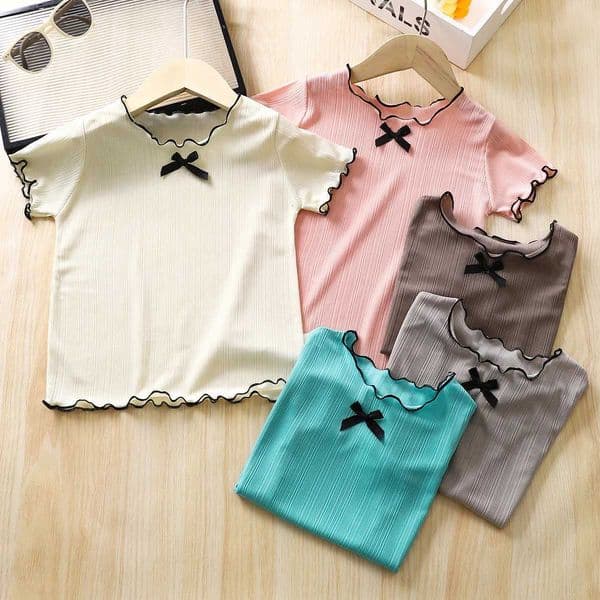 Girls Baby Thin Knit Ruffle Lace Short Sleeve T-shirts Summer New Girls Kids Bow Tops Sweet Cute ClothingJ260520