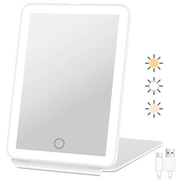 Rechargeable Travel Makeup Mirror with 72 LED Lights 3 Colors Dimmable Touch Screen Portable Lighted Folding Vanity MirrorT260520