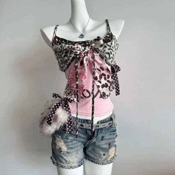 American Harajuku tie Camisole Subculture Leopard Patchwork Bow Halter Vest Y2K Aesthetic Letter Print Tanks Womens Slim Top 260519