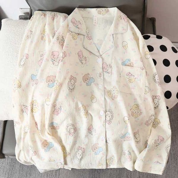 Korean Sweet Cute Cartoon Cat Print Womens Pajamas Kawaii Casual All-match New Pajamas Set for Women Autumn V-neck Nightwear M260520