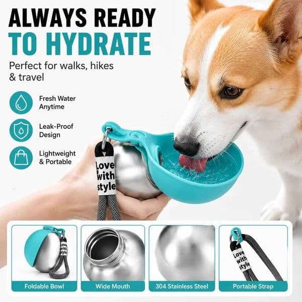 Stainless Steel Dog Water Bottle with Silicone Bowl Leak Proof Pet Drinking Bottle for Dogs Cats Walking Hiking Travel UseZHR260520
